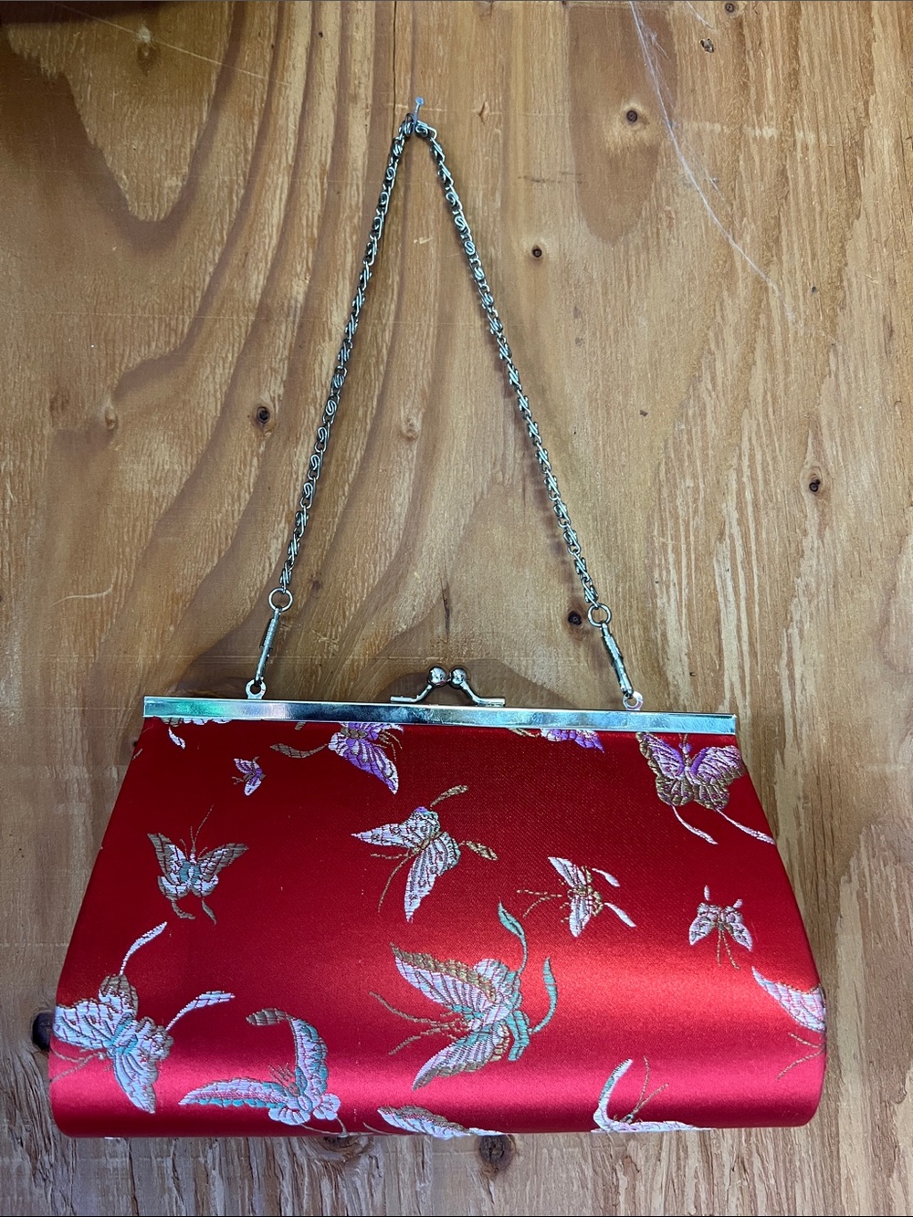 Red Satin Floral Butterfly-Print Evening Clutch with Chain Strap